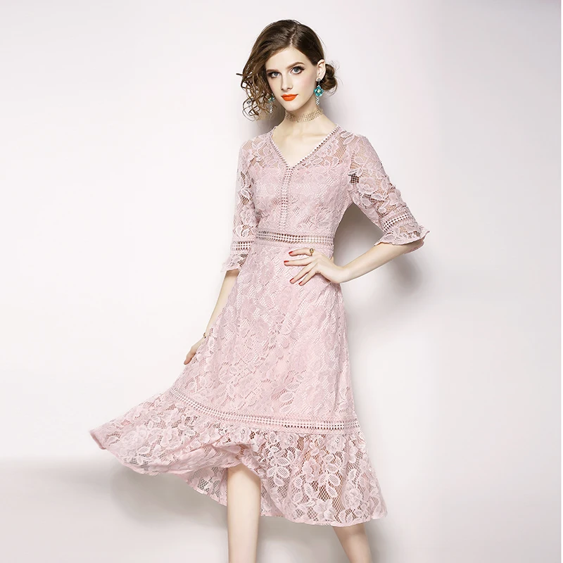 pink lace dress midi