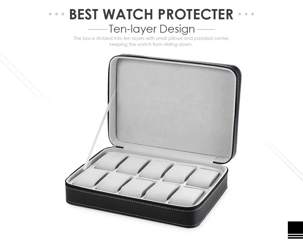 10 Grids PU Leather Travel Watch Storage Case Zipper Wristwatch Box Organizer
