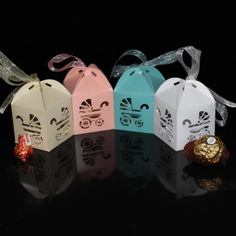 

50pcs Seven Colors Creative Baby Car Wedding Candy Box Sweet Gift Favors Boxes With Ribbon Wedding Birthday Party Event Supplies