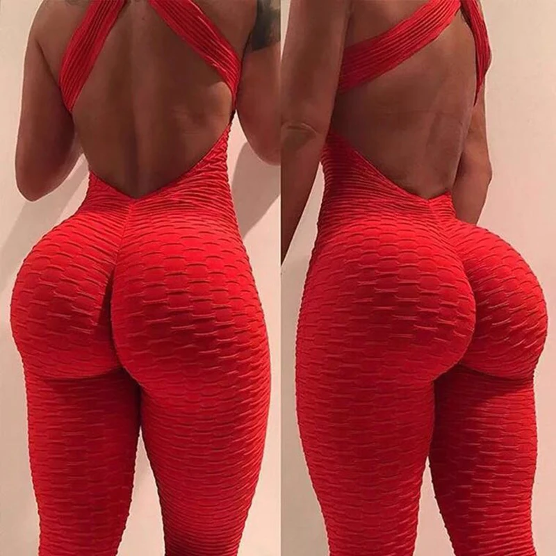 フィットネスジャンプスーツセクシーオープンバックワンピースヨガパンツワンピースジムパンツのお尻明示的な尻高弾性うずくまるバットレギンス赤 Aliexpress