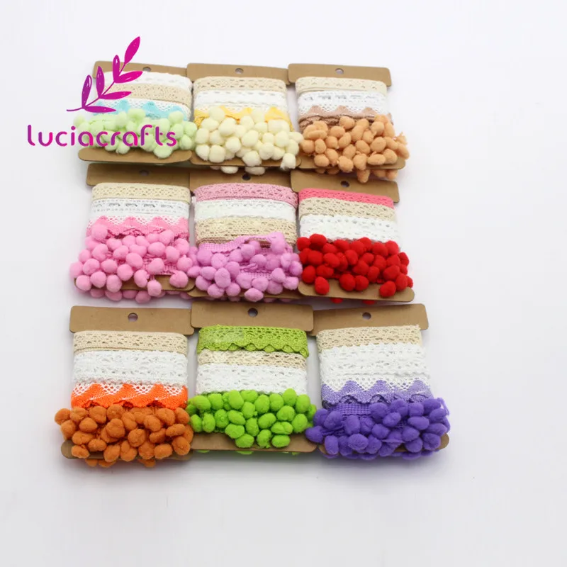 

8-22mm Cotton lace pompom ribbon set trimming for patchwork crafts DIY accessories 4 yards/lot R0407
