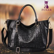 Foxer Famous Brand Women Genuine Leather Shoulder & Messenger Bag Female Embossing Tassel Fall and Winter Tote Lady Handbags
