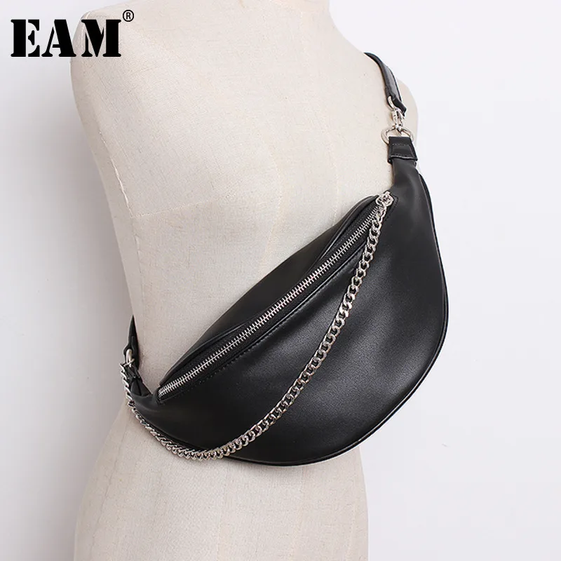 

[EAM]2019 Four Season General Purpose Vintage Unisex Solid Black Color Zippers PU Single Strap Chains Waist Bag Belt LD0412