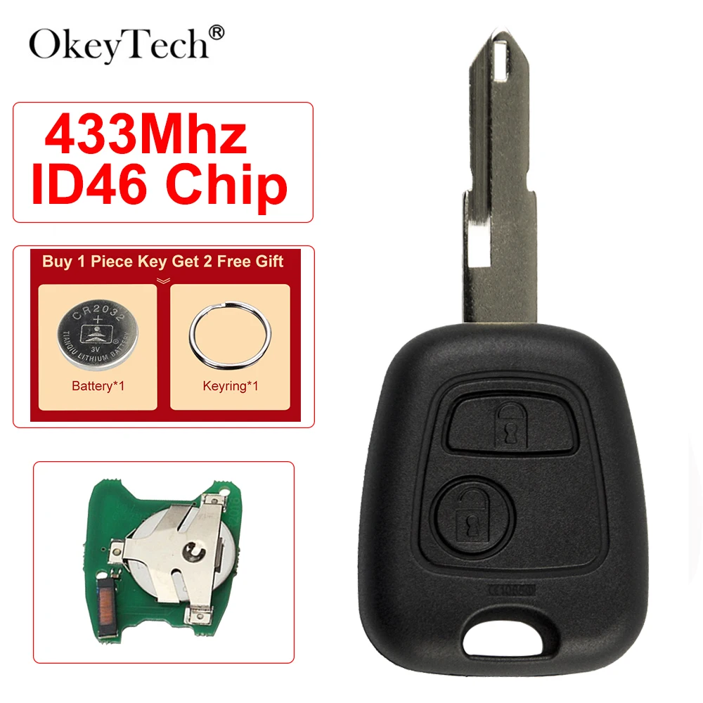 

OkeyTech Uncut NE73 Blank Blade 433 MHz ID46 Chip Remote Control Key For Citroen Peugeot 206 207 2 Buttons Replacement Key Fob