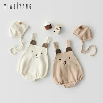 

New Spring Autumn Newnborn Infant Baby Clothes Babies Cute Bear Cotton Sleeveless Backless Romper+ Hat Two-piece Set Bodysuits