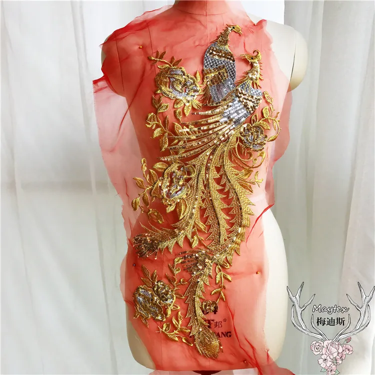 Супер великолепные цветные кружевные нашивки золотые блестки красная пряжа Eugen Феникс аппликация для платье своими руками свадебное платье