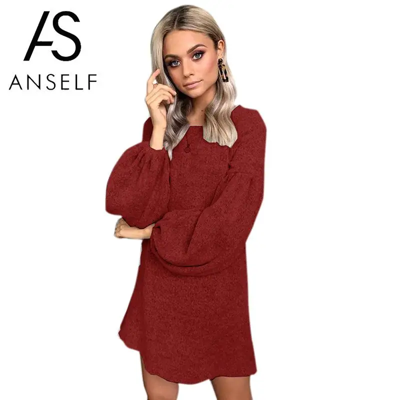 Anself Women Knitted Dress Long Lantern Sleeves Casual