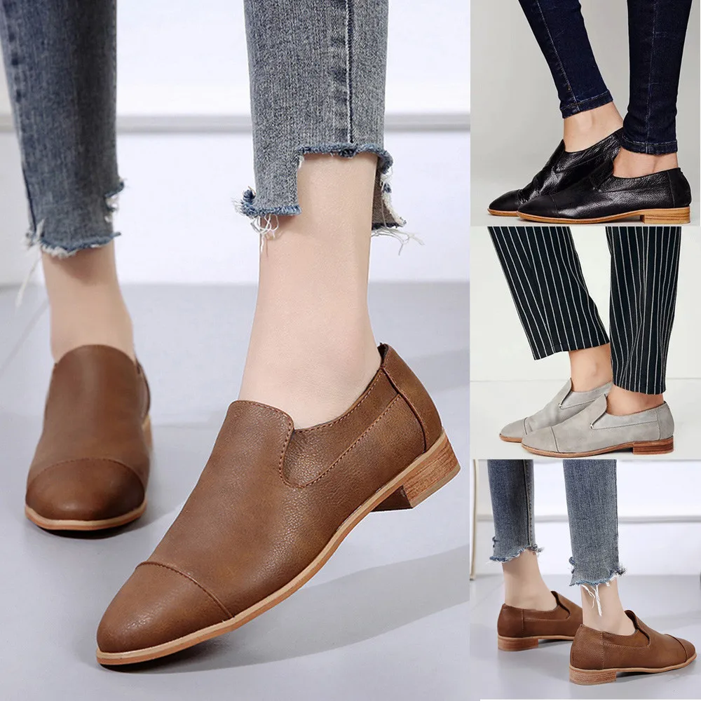 

YOUYEDIAN Vintage low heels shoe Women Round Toe Shoes Leather Booties Slip-On Square Heel Single zapatos tacon mujer negros#G30