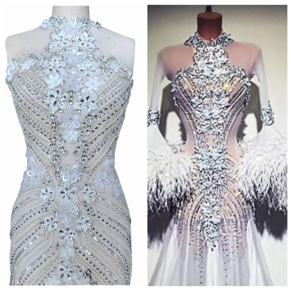 Pure hand made sew on silver Rhinestones applique on white mesh crystals trim patches 95*46cm wedding dress accessory
Pure hand made sew on silver Rhinestones applique on white mesh crystals trim patches 95*46cm wedding dress accessory