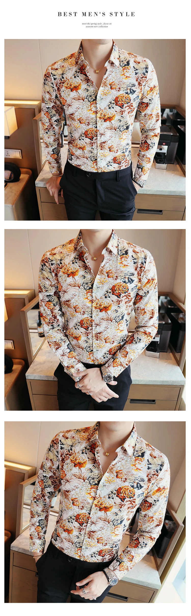 Men's Shirts Retro Floral Printed Man Casual Slim Shirt Fashion Classic Men Dress Shirt Men's Long Sleeve Brand Clothing