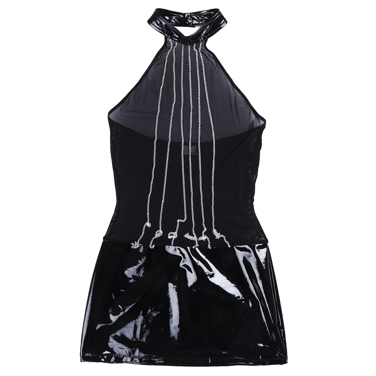 Сексуальное женское короткое латексное платье без рукавов, Клубная одежда из лакированной кожи, полупрозрачное тонкое экзотическое платье с металлической цепочкой