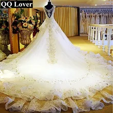 QQ Lover 2018 New Arrival Top Luxury Crystals Beaded Cap Sleeves Big Train Lace Wedding Dress Bridal Gown Vestido De Noiva