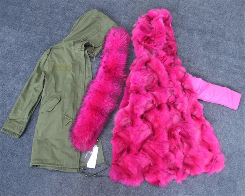 Меховая розовая парка из лисьего меха, длинная стильная модная зимняя куртка из лисьего меха для леди, верхняя одежда из лисьего меха, Женская парка зеленого цвета в армейском стиле