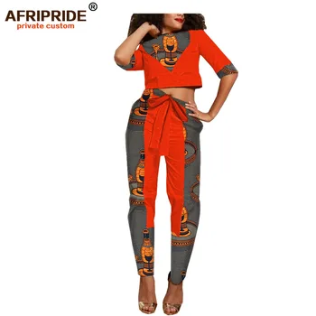 

2019 african dashiki wax spring pants set for women AFRIPRIDE half sleeve short top+ankle length pants casual women set A1826030