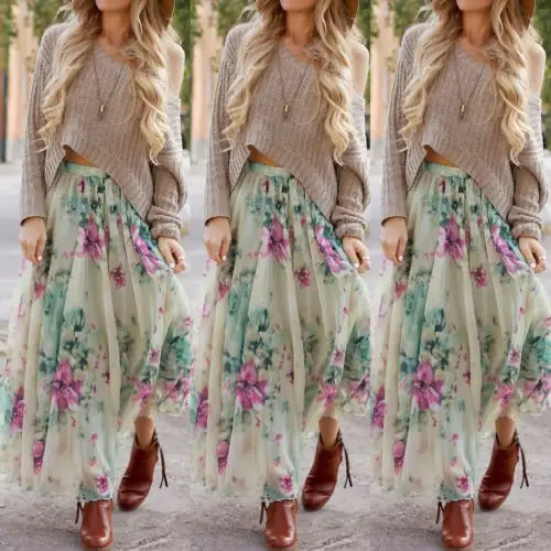 Vintage-bohemio Mujeres-floral-verano-Beach-Party-largo maxi-falda-Vestido de tirantes-mini-vestido