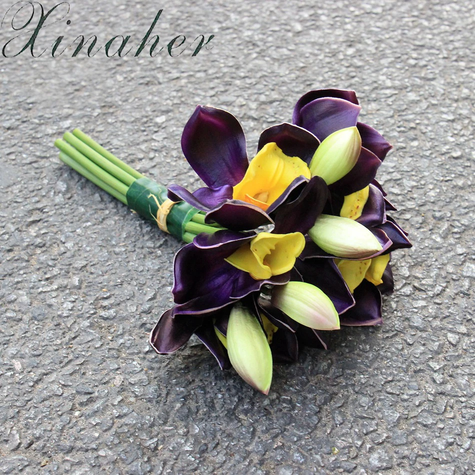 Real Touch cymbidium 7 heads Short shoot table decoration flower DIY wedding bride hand flowers home decor artificial orchid | Дом и сад