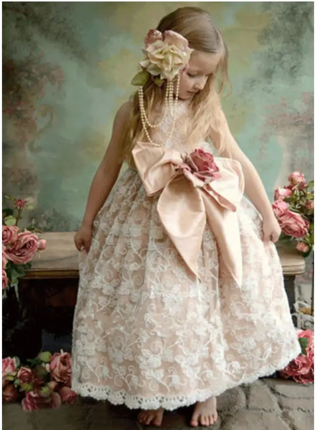 

Girls Autumn Formal Dresses 2018 sleeveless Bow Lace Gauze Flowers Girls Princess Prom Dress Kids Birthday Party Dress apricot