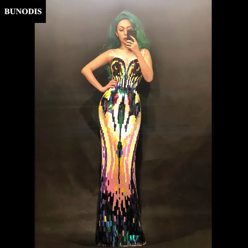 

ZD233 Women Sexy Long Skirt Sleeveless Full Of Colors Paillette Nightclub Party Performance Bodysuit Stage Wear Costume