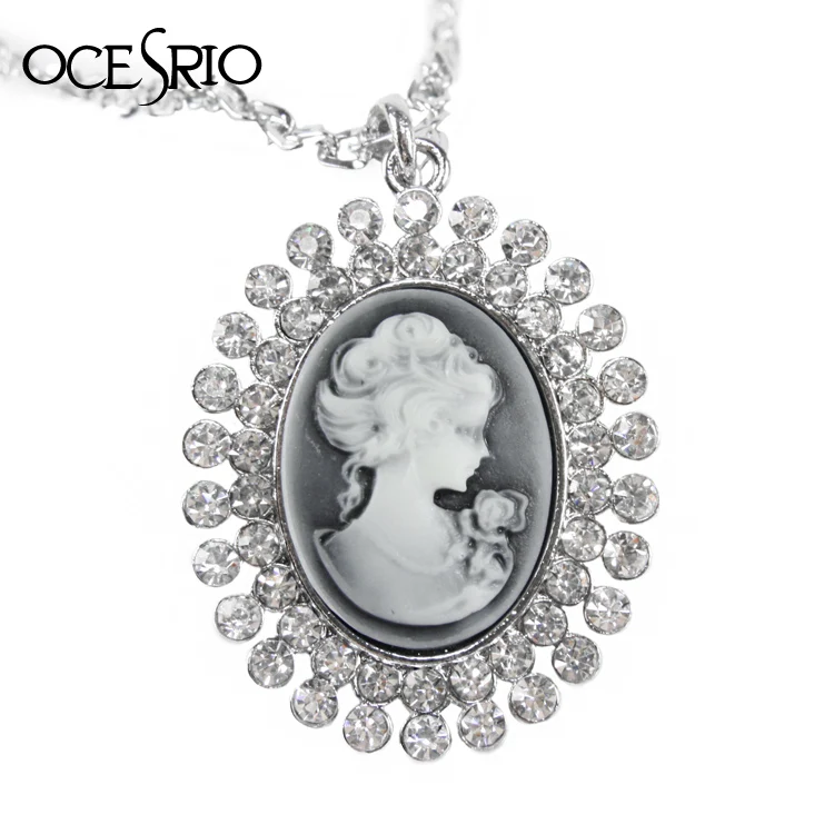 OCESRIO винтажное длинное Камея ожерелье для женщин серебряная цепочка Большая подвеска ожерелье с кристаллами Модные Ювелирные изделия Подарки nke-f46