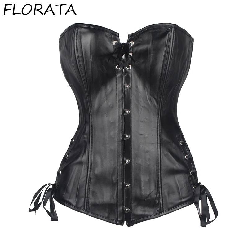 FLORATA панк Корсеты бюстье талии Cincher женские PU Корсеты спереди на шнуровке ленты сзади на груди 50% скидка распродажа