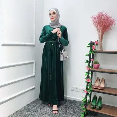 Рамадан, модная бархатная абайя для мусульманских женщин, длинное платье, Турецкая женская вечерняя юбка, внутри абайя, плюс размер, халат, Дубай, кафтан - Цвет: Dark green