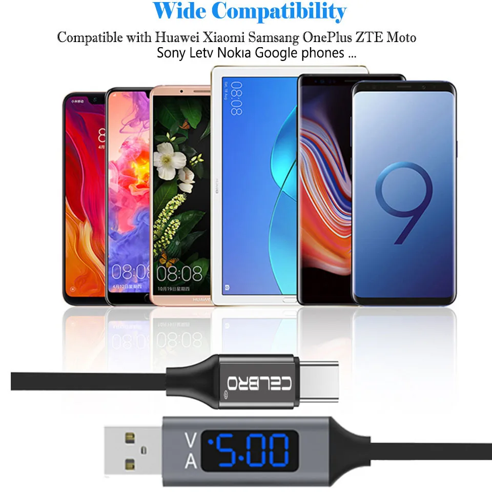 Зарядный кабель с цифровым светодиодным дисплеем Micro Usb Type C 3A Тип для Samsung Note10 S10