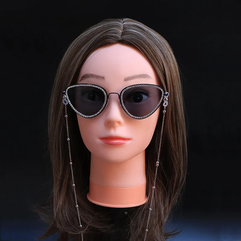 Cat Eye Metal Frame Sunglasses Rhinestone Chain Vintage Mirrored Women Fashion Metal Frame Flat Lens Cat-Eye Sunglasses