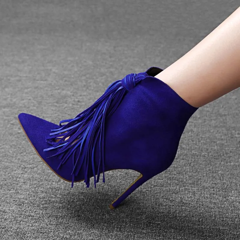 Knsvvli/женская модная обувь для подиума женские ботинки с острым носком на высоком каблуке синего и черного цвета пикантные женские ботильоны на шпильке с бахромой
