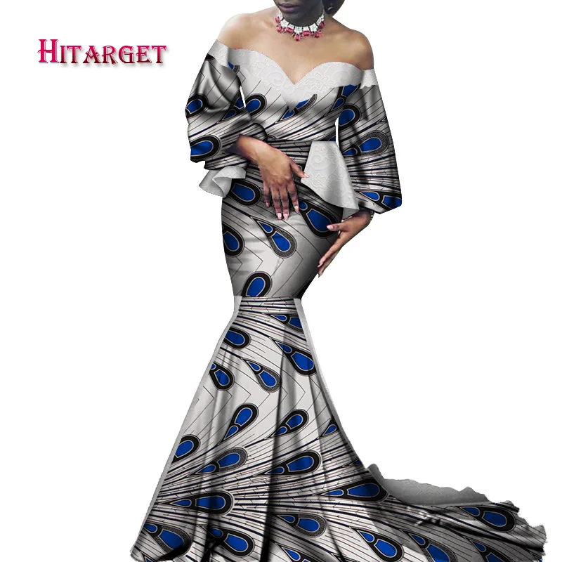 Африканские платья для женщин Bazin Riche с пышными рукавами, сексуальное длинное свадебное платье с глубоким v-образным вырезом, традиционная африканская одежда WY4162