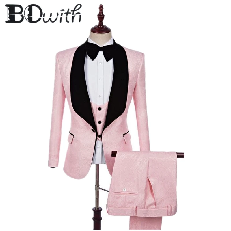 3 предмета (куртка + жилет + брюки) мужской свадебный костюм шаль воротник одна пуговица Розовый костюм для свадьбы смокинги Жених