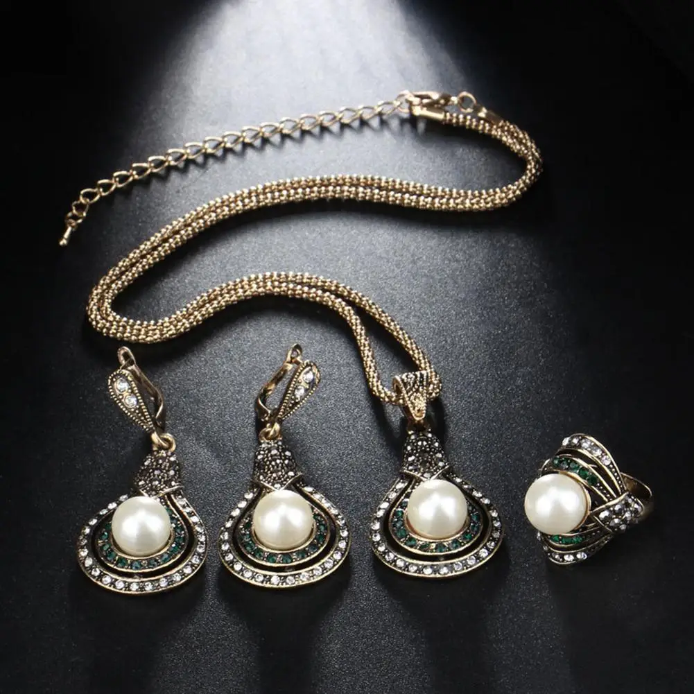 

Turkish Style Bridal Faux Pearl Necklace Ring Earrings Jewelry Set Party Gift conjunto collar y pendiente