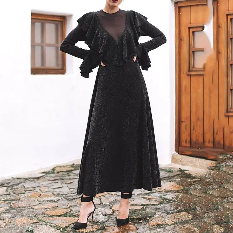 

Shiny Party Dress Women Sexy Mesh See Through Flare Long Sleeve Ruffle Autumn Winter Elegant Evening Ladies Black Midi Dresses
