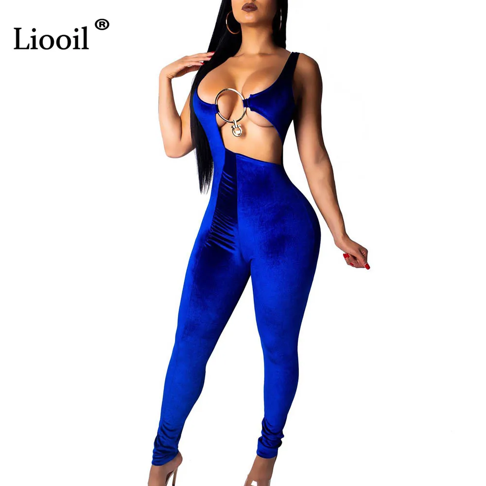 Liooil Sexy Синий Bodycon Комбинезоны для Для женщин V шеи выдалбливают Club комбинезон асимметричный вечерние комбинезоны Для женщин s комбинезон
