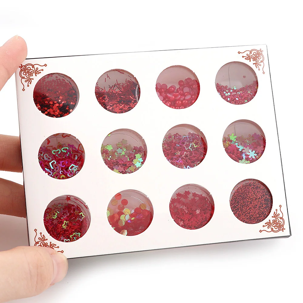 

12Pcs 8 Color Series Mix Snowflake Heart Star Nail Sequins Shining Nail Glitter Powder Rhinestone Tips Nail Art UV Gel Polish