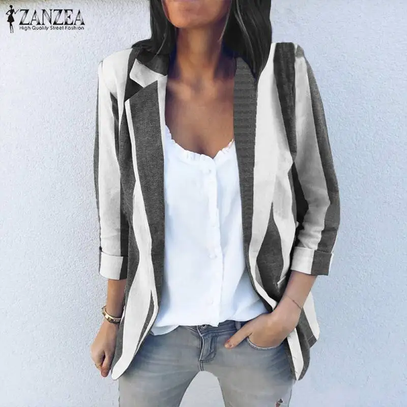 ZANZEA Women Fashion Striped Blazer Suits Autumn Slim Coat Lady Blazers Jackets Outwear Business Work Wear Casual Cardigan Blusa