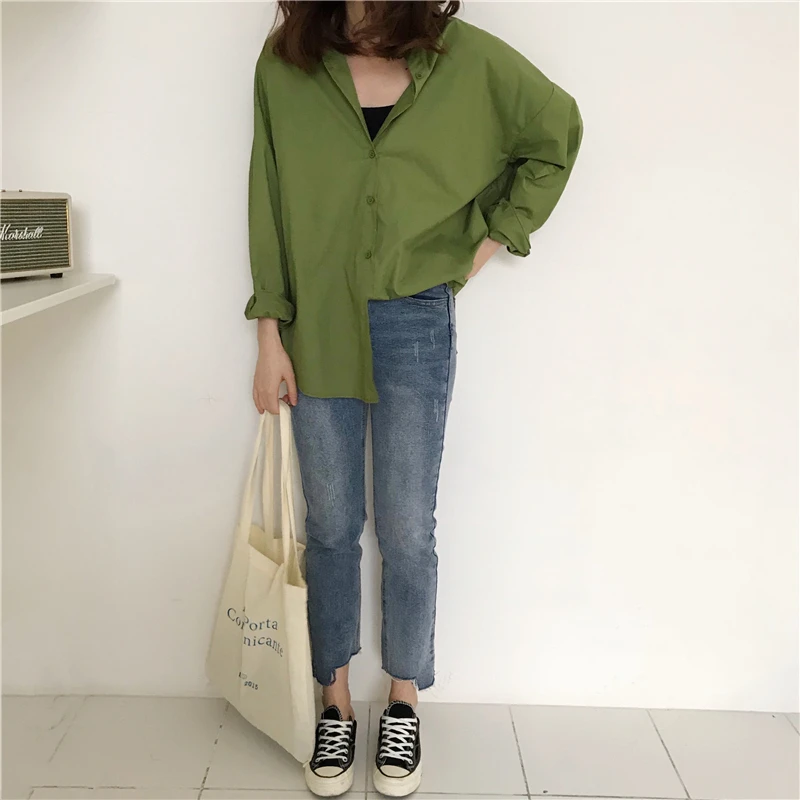 Zisilao, свободная винтажная рубашка, женская зеленая блузка с длинным рукавом, осень-весна, однотонный, хлопок, женский топ, негабаритная блузка, макси, Harajuku