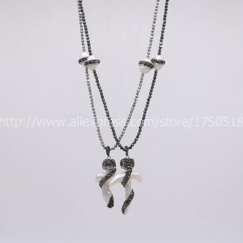 Natural free form cross pearl pave rhinestone 4 pearl beads 28 natural hematite necklace Gems jewelry