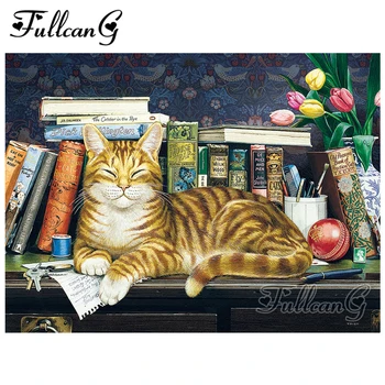 

FULLCANG mosaic 5d diamond painting desk book and cat diy full square diamond embroidery animal cross stitch kits G803