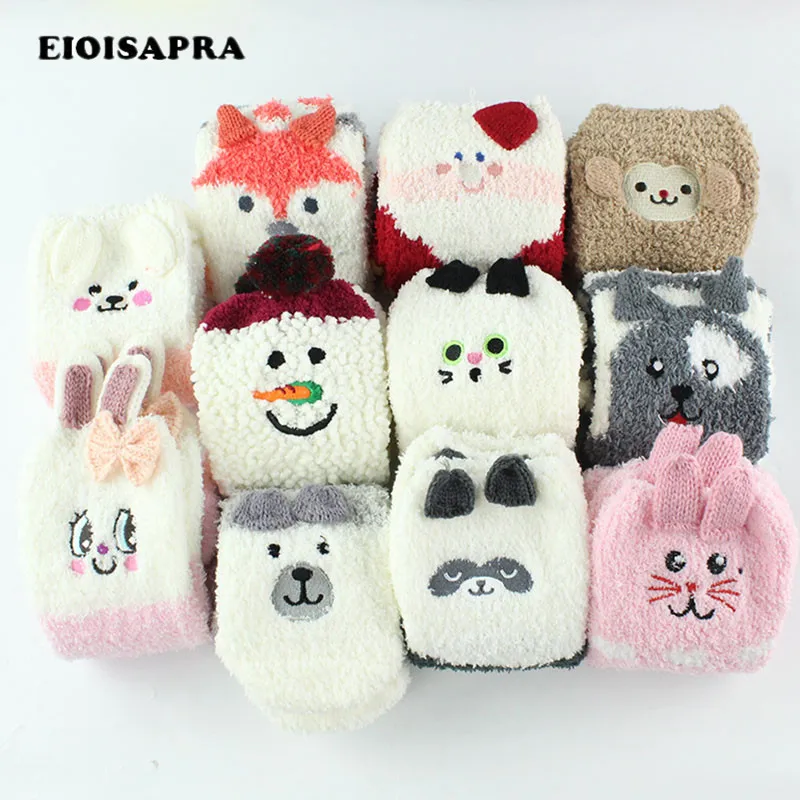 

[EIOISAPRA]Cute Cartoon Animal Funny Socks Women Thicken Coral Cashmere Christmas Gift Sokken Girl 3D Bear Ladies Warm Socks