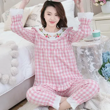 

Maternity Nightwear Nursing Pajamas Cotton Yarn Embroidery Maternity Pajamas Plaid Printing Breastfeeding Pregnancy Pajamas A019