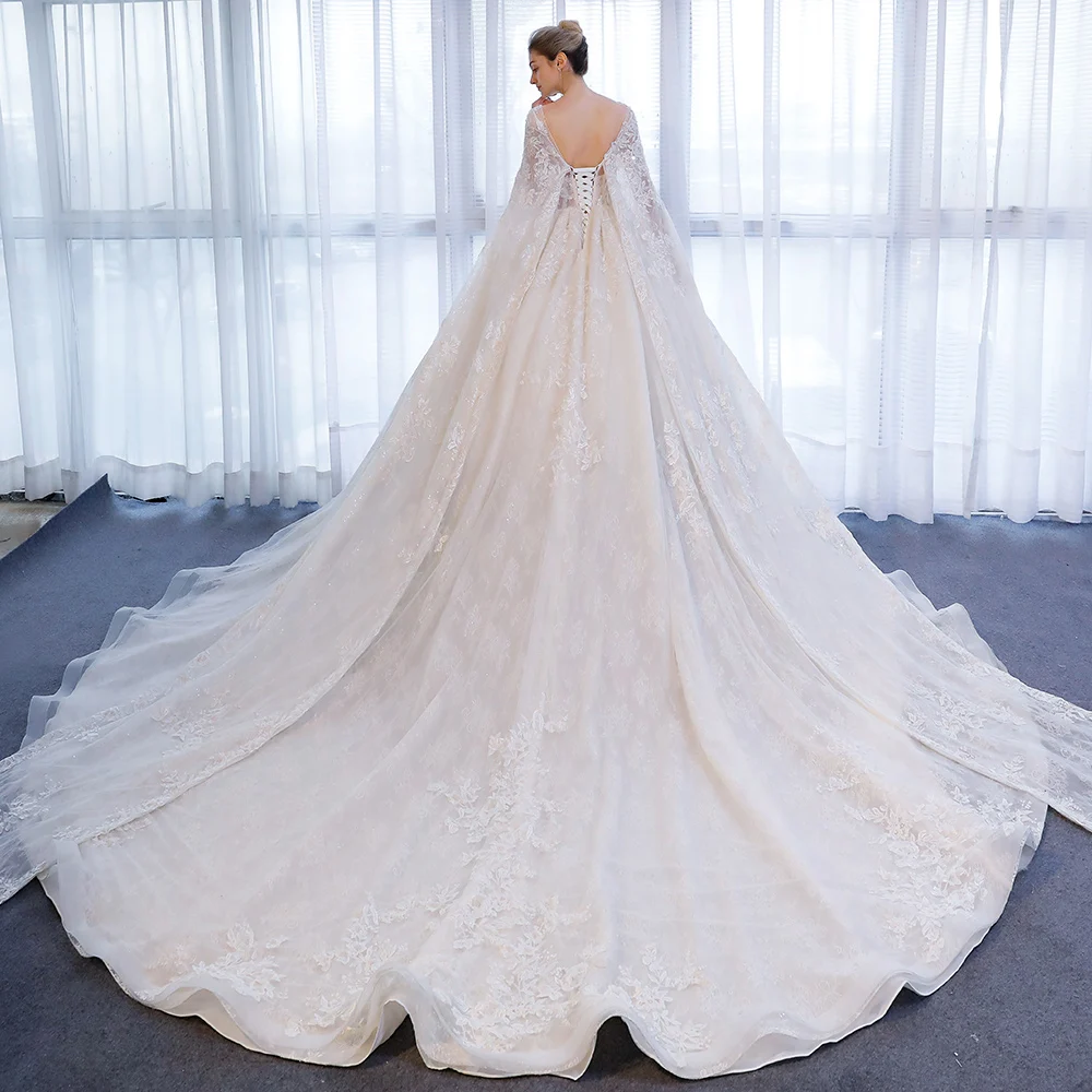SL-173 дизайнерское свадебное бальное платье с длинным рукавом и v-образным вырезом, кружевное свадебное платье