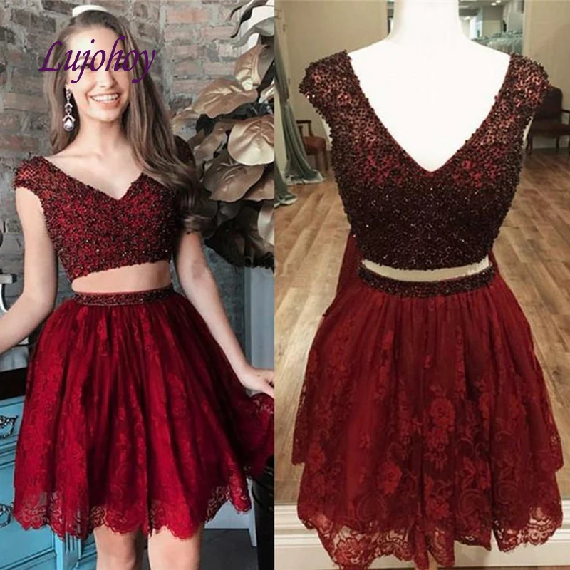 Burgundy Lace Short Homecoming Dresses for Girls Two 2 Piece Tulle Women Cocktail Prom Grade 8 Graduation Dresses