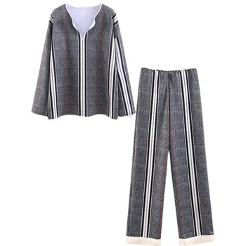 

Fashion Suit Female Spring Autumn New Loose Striped Shirt High Waist Pants Two Piece Set High Street Blouse Women Trousers 2pcs