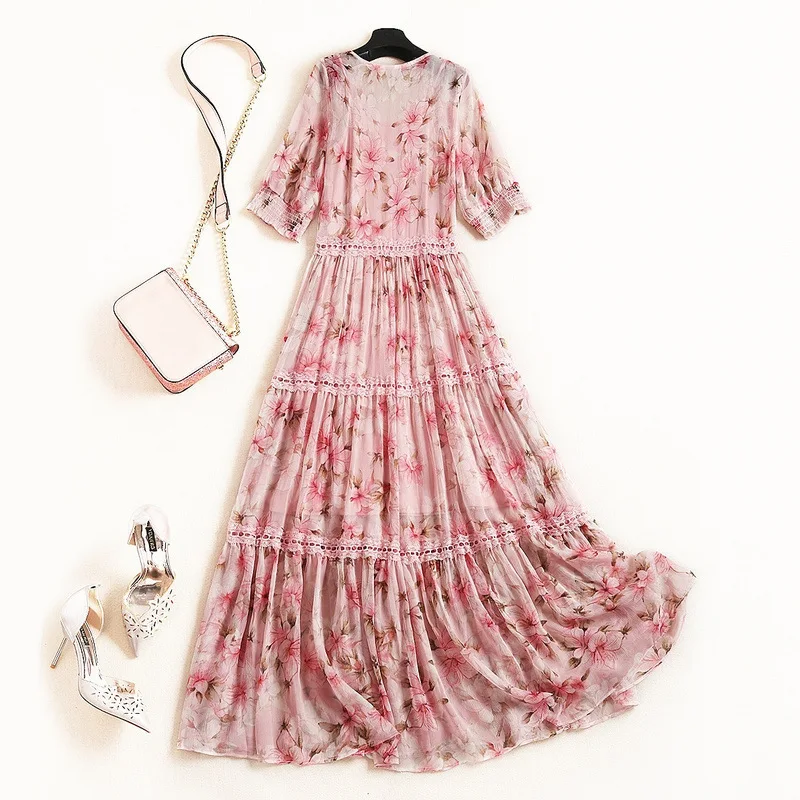 Shuchan Pink Chiffon Women Summer Dresses Boho Vestidos Mulher Verao 2019  Mais Vendido Bohemian A-Line Print Mid-Calf 11645