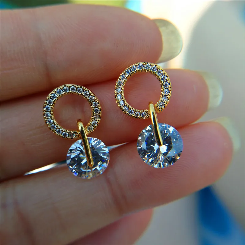 Симпатичные Boho женские белые круглые серьги-гвоздики Роскошные модные желтые золотые свадебные украшения двойные хрустальные циркониевые серьги для женщин