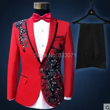 Лидер продаж года по индивидуальному заказу Для мужчин костюмы черная красная Аппликация комплект со смокингом жениха сценический костюм Свадебная вечеринка платье на выпускной блейзер(куртка+ брюки