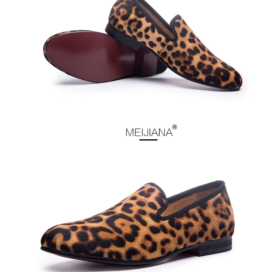 MEIJIANA/Новинка; мужские леопардовые Лоферы ручной работы с красной подошвой; Роскошные модные туфли для джентльменов; вечерние туфли с блестками; мужская повседневная обувь