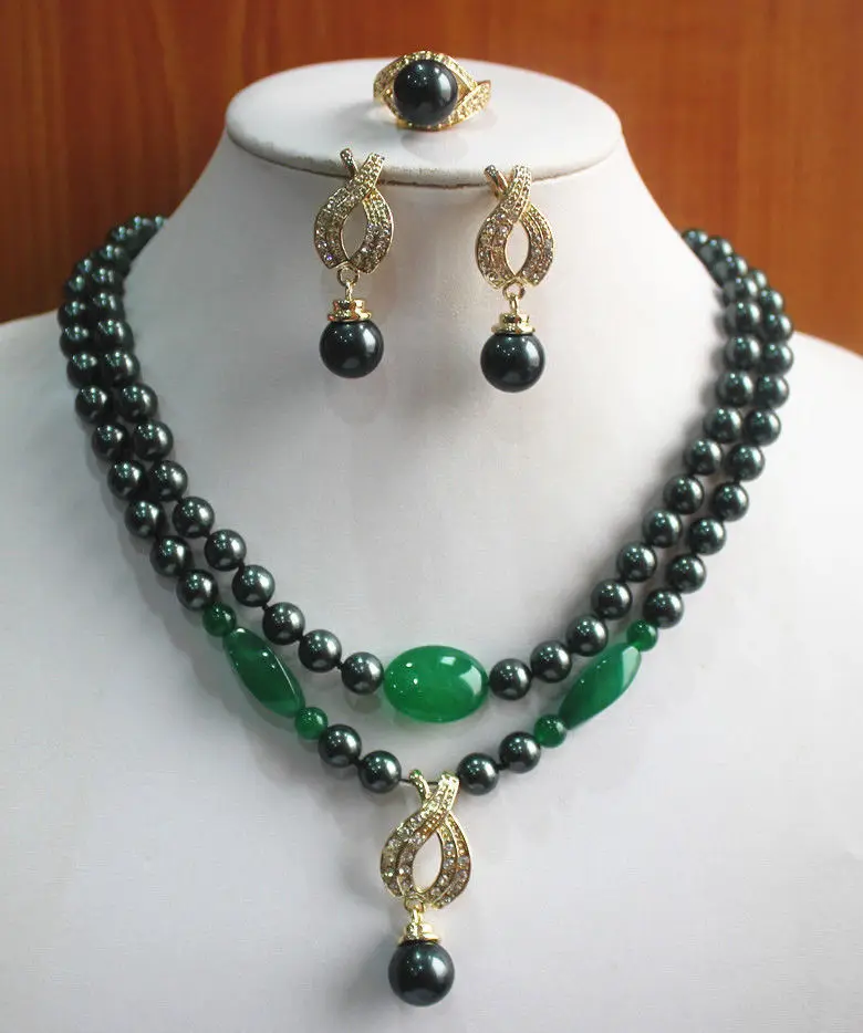 

Hot selling> New Fashion 8mm 2 Rows Black Shell Pearl Necklace Earring Ring Jewelry Set NEW NEW -Bride jewelry free shipping