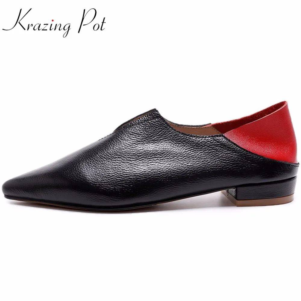 

Krazing pot brand shoes mixed color thick low heels pointed toe women pumps slip on high quality women runway causal shoes L28