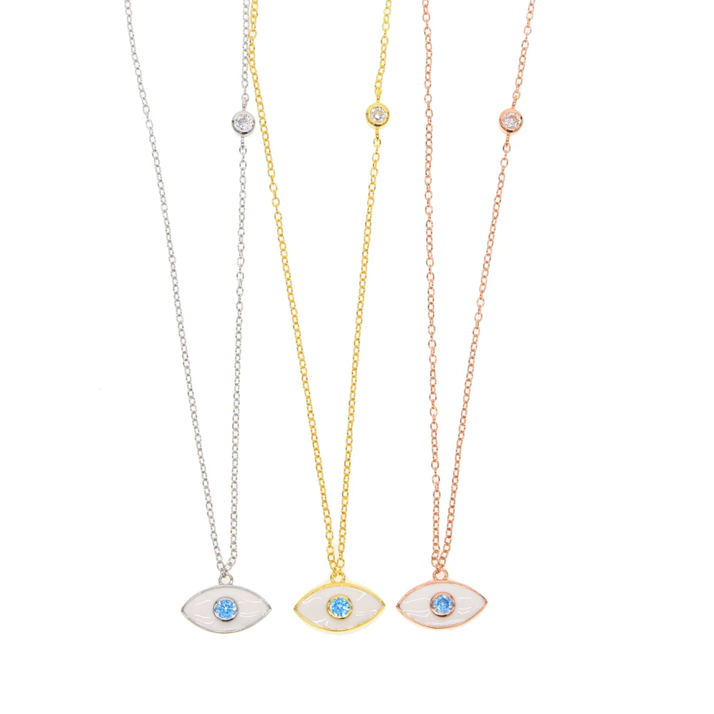 

Hot sale 925 sterling silver sapphires cz stone paved eye shape pendant necklace wirose gold color long station chain cheapest
